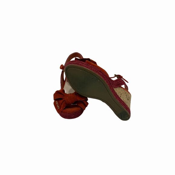 Prada Rust Suede Wedge Slingback Espadrille Sandals Bow Logo Accent Size 37.5 - Picture 5 of 5